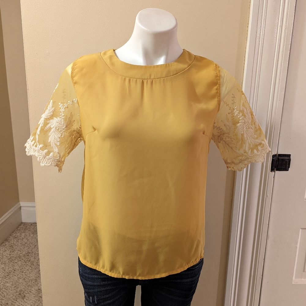 SheIn bright yellow top with sheer embroidered sleeves size Small